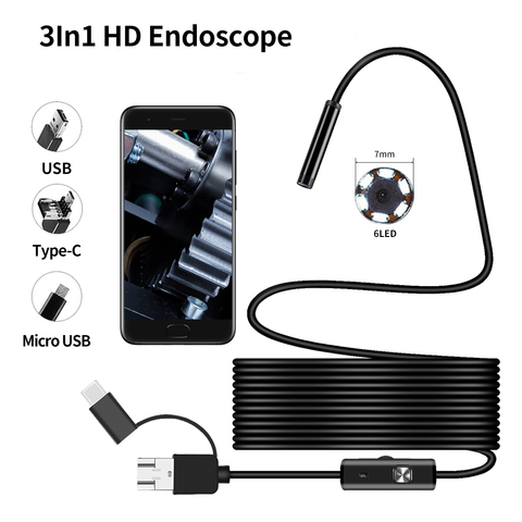 Endoscopio 3 en 1 para Android, 7MM, USB/Micro USB/tipo-c, cámara de inspección por boroscopio, impermeable para teléfono inteligente con OTG y PC UVC ► Foto 1/6