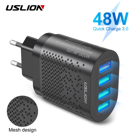 USLION-Cargador USB con enchufe para UE y EE.UU, para teléfono móvil, con carga rápida 3.0 3A, para iPhone 11, Samsung, Xiaomi, 4 puertos, cargadores de pared, 48W ► Foto 1/6