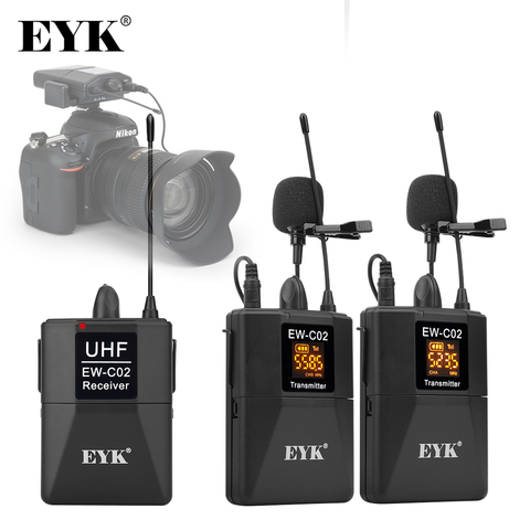 EYK-EW-C02 de 30 canales UHF, sistema de Micrófono Dual inalámbrico, 60m de alcance para cámara DSLR, grabación de entrevistas con teléfono, micrófono de solapa ► Foto 1/6