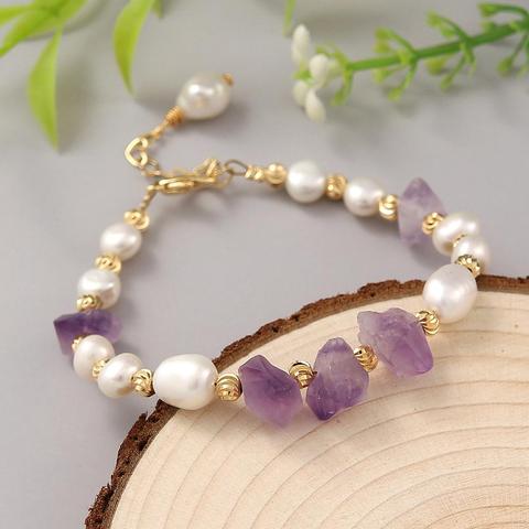 Coeufuedy-pulsera de perlas de agua dulce para mujer, pulsera de amatista Natural, pulsera de cuentas de piedra de perla de fiesta blanca, joyería fina ► Foto 1/6