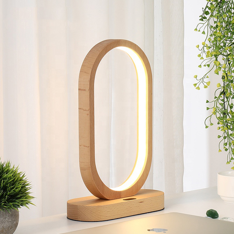 Lámpara de mesa de madera moderna con sensor inteligente, lámpara led de inducción para escritorio, lámpara de estudio, anillo de madera, para dormitorio, mesita de noche, acrílica ► Foto 1/6