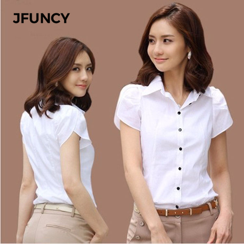 ¡Novedad de 2022! Camisa blanca JFUNCY para mujer, ropa de trabajo de manga corta para mujer, blusa abotonada para oficina, Tops de talla grande 4XL ► Foto 1/1