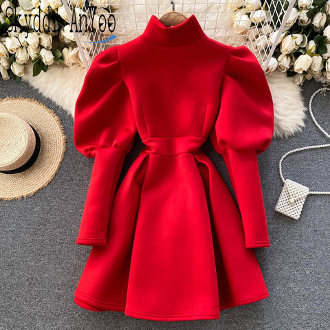 2022 Otoño e Invierno de manga larga vestidos para las mujeres fiesta de Navidad de cuello alto delgado línea elegante Año nuevo vestido de mujer rojo ► Foto 1/6