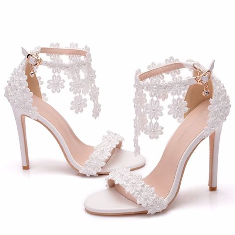 Sandalias de cristal Queen con correa en el tobillo para mujer, zapatos de tacón alto y fino con borlas de perlas y flores de encaje blanco, zapatos de boda de novia ► Foto 1/5