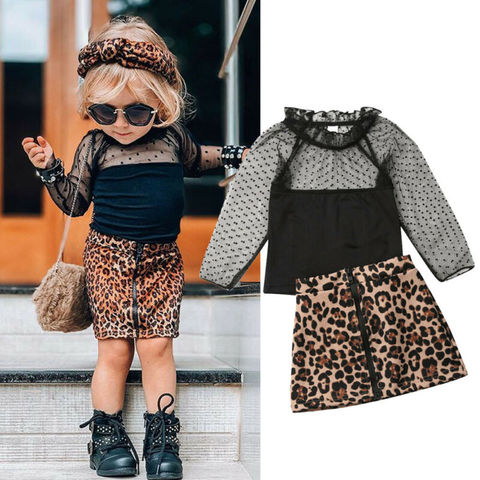 Ropa con estampado de leopardo para niña pequeña, Tops de encaje con volantes, camiseta, falda, traje de chándal, 1-6 años ► Foto 1/6