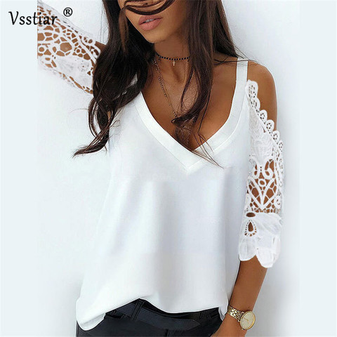 Blusa informal holgada con media manga con hombros al aire para verano, camisa Sexy con encaje para mujer, color liso ► Foto 1/5