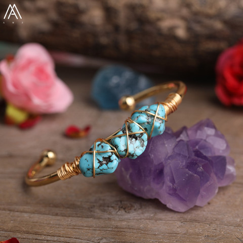 Cobre dorado alambre envuelto turquesas naturales pepita de piedra perlas grueso brazalete abierto brazaletes mujeres encanto pulsera de abalorios de joyería ► Foto 1/5