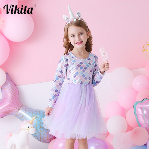 VIKITA-vestido de princesa para niñas, de malla, tutú de fiesta, informal, de manga larga, para Otoño e Invierno ► Foto 1/6