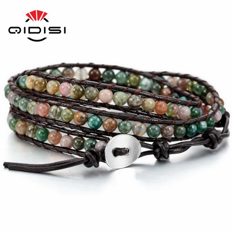 Pulsera de cuero genuino brazalete cuerda para las mujeres niños perlas de 4MM trenzado 3 envuelve piedra joyería hecha a mano regalo ► Foto 1/6