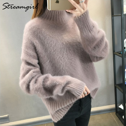 Invierno Jersey peludo mujeres suelto blanco grueso de cuello alto tirar suéteres para mujer de invierno las mujeres suéter de punto de mujer 2022 ► Foto 1/6