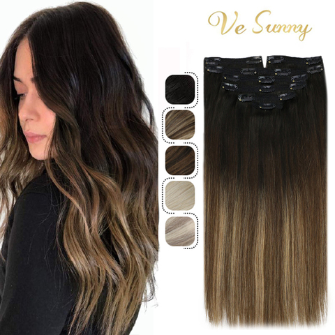 VeSunny-extensiones de cabello humano con Clip, color rubio degradado, 120g/7 Uds., horquillas de doble trama, máquina de cabello humano, cabello Remy ► Foto 1/6