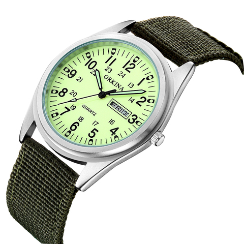 Reloj luminoso de cuarzo para hombre, correa de lona tejida, verde fluorescente, calendario, regalo de semana ► Foto 1/6