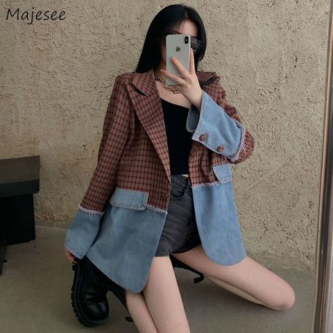 Blazers de manga larga para mujer, diseño de retales Retro Vintage, botón único, suelto, informal, estilo coreano, prendas de vestir Chic, moda Ulzzang ► Foto 1/6