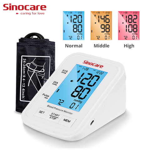 Sinocare-Monitor automático de presión arterial para brazo, esfigmomanómetro de presión arterial con pantalla LCD a 3 colores, medidor de presión arterial inteligente ► Foto 1/6