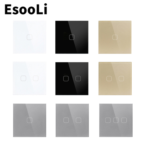 EsooLi-Interruptor de Sensor táctil de pared, interruptor de luz estándar de la UE/Reino Unido, cristal, 1/2/3 entradas, 1 vía, AC220 ► Foto 1/6