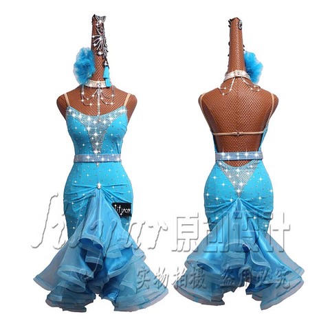 Nuevo vestido de baile latino falda Latina vestido de competencia trajes realizar vestido brillantes diamantes de imitación personalizar niños adultos Azul Rojo ► Foto 1/6