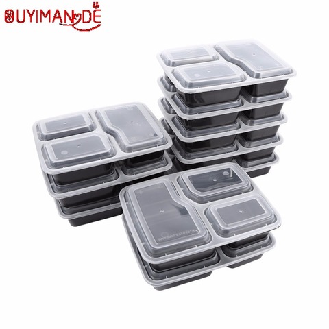 Bento-fiambrera de plástico reutilizable para el hogar, caja de almacenamiento de comida, 3 compartimentos, envases para microondas, 10 Uds. ► Foto 1/6