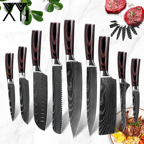 XYj juego de cocina profesional Set de cuchillos de Chef japonés 7CR17 con alto contenido de carbono de acero inoxidable de Damasco patrón cocinero cuchillo ► Foto 1/6