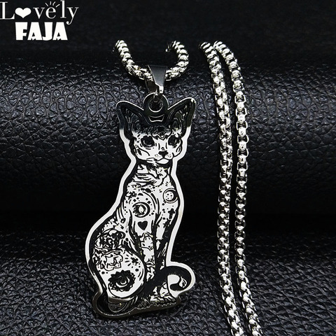 Collar de acero inoxidable con colgante de gato sin pelo Sphynx canadiense, joyería para mujeres y niñas, bisutería, regalo para mascotas N3254S03 ► Foto 1/6