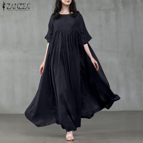 ZANZEA-Vestido largo plisado Vintage para mujer, vestido liso de media manga con cuello redondo, caftán informal S-5XL de verano ► Foto 1/6