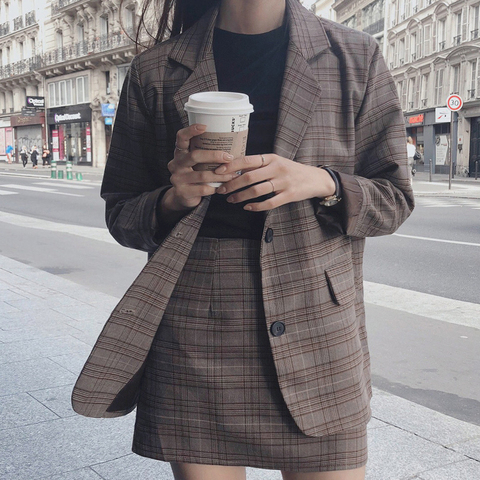 Traje profesional para mujer, chaqueta y Falda de tubo a cuadros, traje de negocios de 2 piezas ► Foto 1/6