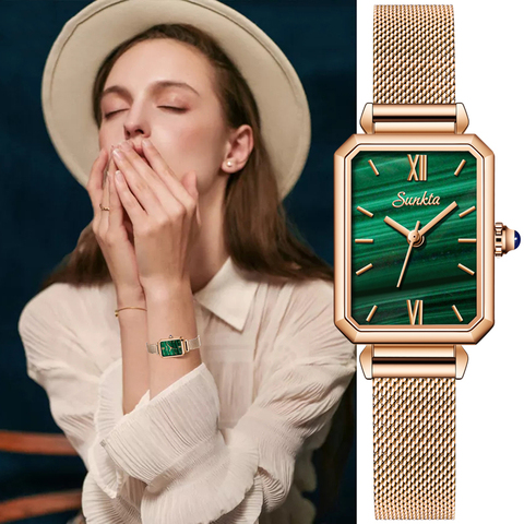 SUNKTA, reloj para mujer, de lujo, de marca, a la moda, informal, para mujer, reloj de pulsera de cuarzo, oro rosa, acero inoxidable, reloj de malla para chica + caja ► Foto 1/6