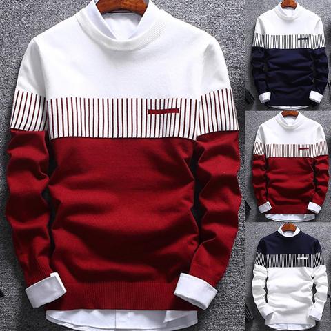 De los hombres de la moda a rayas suéter Color Patchwork bloque O cuello Jersey de punto de manga larga blusa para hombres, ropa ► Foto 1/6