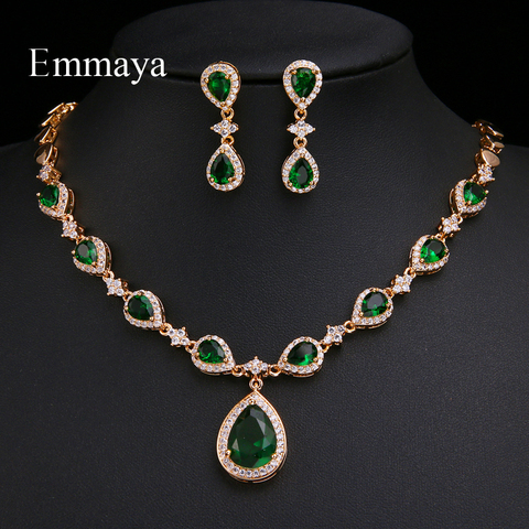 Emmaya nueva llegada Oro Verde gota de agua apariencia Zirconia encantador traje accesorios pendientes y collar de conjuntos de joyas ► Foto 1/6