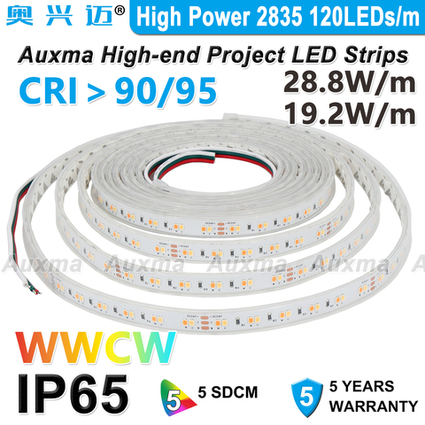De alta potencia de 2835 WWCW LED tira de IP65 120LEDs/m CRI95/90 CCT tiras de silicona resistente al agua para cocina baño balcón sala de sol ► Foto 1/6