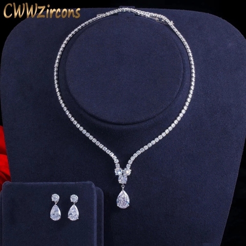 CWWZircons-Colgante de gota de agua de Circonia cúbica, collar y pendientes, conjuntos de joyas para novias, boda, fiesta, T397 ► Foto 1/6