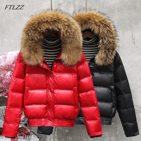 FTLZZ Real de piel de mapache de las mujeres chaqueta con capucha Slim pato blanco abajo corto Parkas mujer negro caqui nieve prendas de vestir abrigo ► Foto 1/6