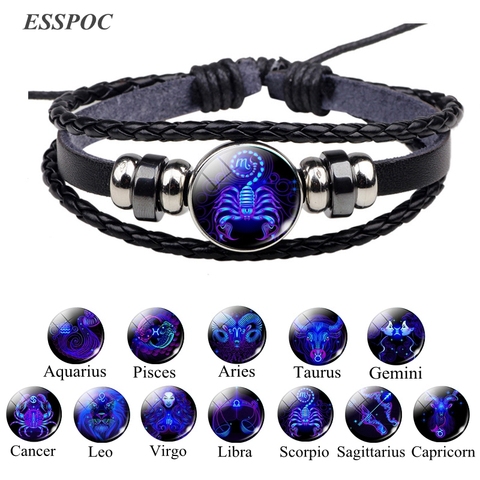 12 constelación signo del zodiaco negro pulsera de cuero trenzado de cáncer, Leo, Virgo, Libra tejido de cúpula de vidrio joyería Punk pulsera de los hombres ► Foto 1/6