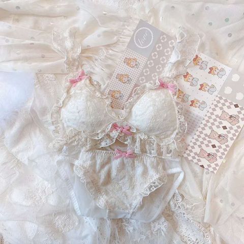 Conjunto de sujetador y bragas de encaje japonés para mujer, ropa interior de Lolita, sujetador fino sin aros de gato, lencería Kawaii, Bralette, bragas íntimas ► Foto 1/6