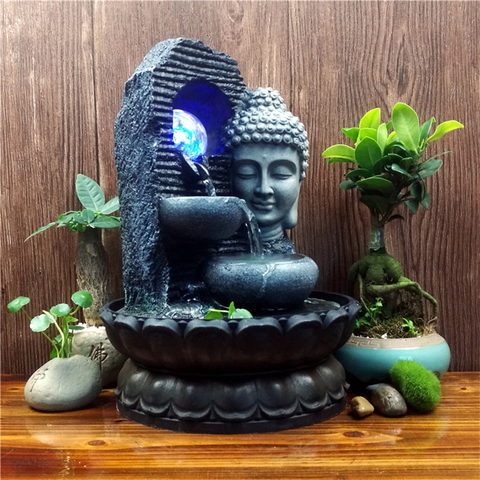 Resina estatua budista agua fuente de rocalla jardín Micro paisaje decoración de luz Led Fengshui bola buena suerte ornamento ► Foto 1/6