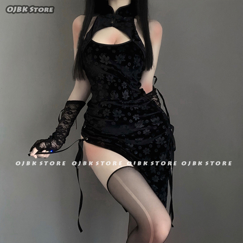 Sexy disfraz de Cosplay negro Cheongsam erótico Anime picardías para mujer vestido de las mujeres atuendo de encaje elegante Slim pecho abierto uniforme ► Foto 1/6