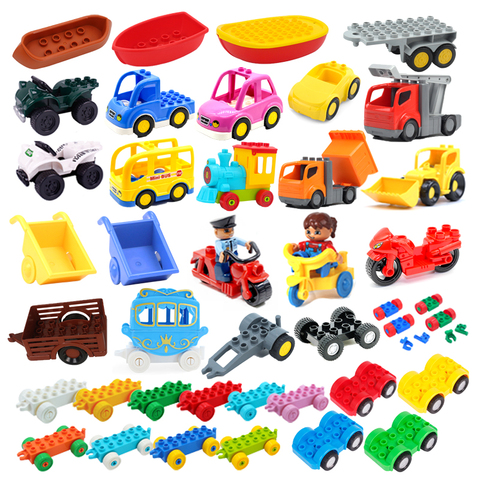 Modelo de coche niños ensamblar juguetes edificio grande bloques de tráfico de la ciudad de partes del vehículo de remolque chasis barco motocicleta Compatible con LEGO Duplo ► Foto 1/6