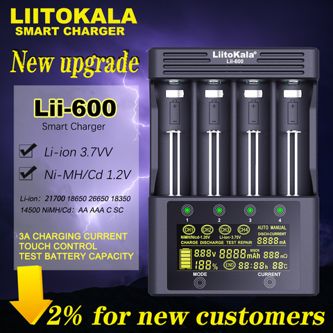 LiitoKala-cargador de batería de Lii-600 para batería de ion de litio, 3,7 V y NiMH 1,2 V, adecuado para 18650 26650 21700 26700 AA AAA y otros ► Foto 1/6