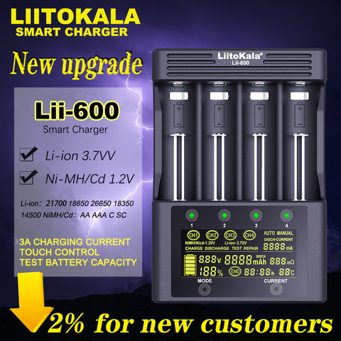 LiitoKala-cargador de batería de Lii-600 para batería de ion de litio, 3,7 V y NiMH 1,2 V, adecuado para 18650 26650 21700 26700 AA AAA y otros ► Foto 1/6