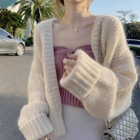 Suéter de punto liso de talla grande para mujer, ropa de invierno, cárdigans holgados de color caqui, Beige y rosa, moda informal, 2022 ► Foto 1/6