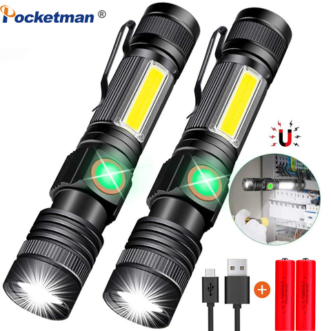 Antorcha LED magnética superbrillante de Linterna recargable con USB, 8000LM, con luz lateral Cob, clip de bolsillo con zoom para acampar ► Foto 1/6