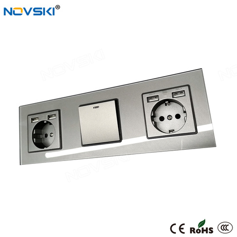 NOVSKI-enchufe de pared USB alemán, interruptor de 1 banda con LED, 16A, toma de corriente Triple, conexión a tierra gris ► Foto 1/6