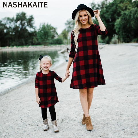 NASHAKAITE-ropa de madre e hija, Vestido corto de tres cuartos de bolsillo a cuadros, vestido para madre e hija, aspecto familiar de otoño ► Foto 1/6