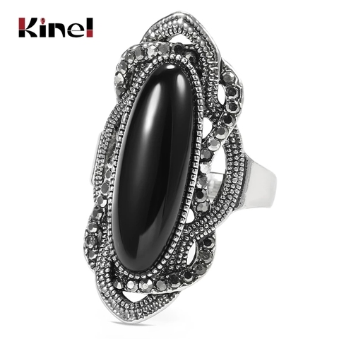 Kinel-Anillo de piedra negra Bohemia para mujer, de alta calidad, Color plata, mosaico, cristal gris AAA, anillos ovalados grandes para mujer, joyería Vintage ► Foto 1/6