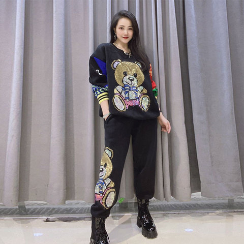 Chándal con gráfico de oso para mujer, chándal con dibujo de diamante negro grueso de invierno, conjuntos de dos piezas, sudadera y pantalones ► Foto 1/6