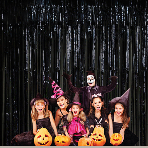 Cortina de papel de aluminio para decoración de Halloween, telón de fondo negro con flecos para fiesta de cumpleaños y boda ► Foto 1/6