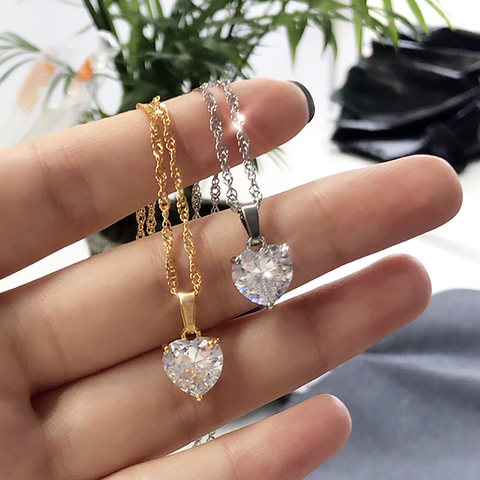 Collares de corazón de acero inoxidable para mujer, cadena de oro, pendiente de corazón de Zircón, Gargantilla para enamorados, regalo de joyería de San Valentín ► Foto 1/6