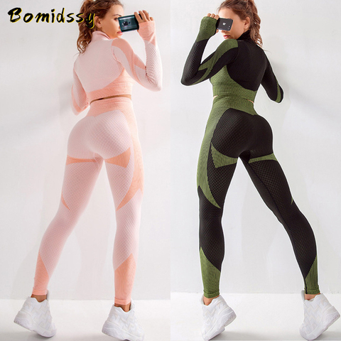 Conjunto de encaje perfecto para mujer, camiseta de manga larga, ropa de gimnasio, Sujetador deportivo, Leggings elásticos para correr, pantalones de Yoga de entrenamiento de cintura alta ► Foto 1/6