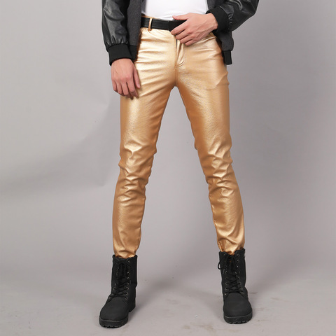 #2212 pantalones de piel de imitación para hombre, negro, blanco, rojo, Solver dorado, pantalones de PU elásticos brillantes de talla grande 38, pantalones de Hip Hop para hombre ► Foto 1/6