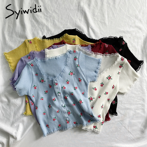 Syiwidii-cárdigan de punto para mujer, Top corto de encaje, suéteres Vintage con flores en negro, blanco y púrpura, rosa, amarillo, bonito, corto, novedad de verano 2022 ► Foto 1/6