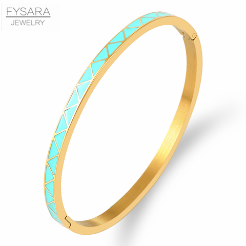 FYSARA-brazaletes de diseño de triángulos para mujer, 5 colores, brazaletes delgados de acero inoxidable dorados, joyas de esmalte de Color azul o naranja ► Foto 1/6